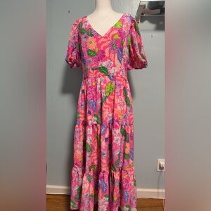 Floral Pink V-Neck Tiered Maxi Dress